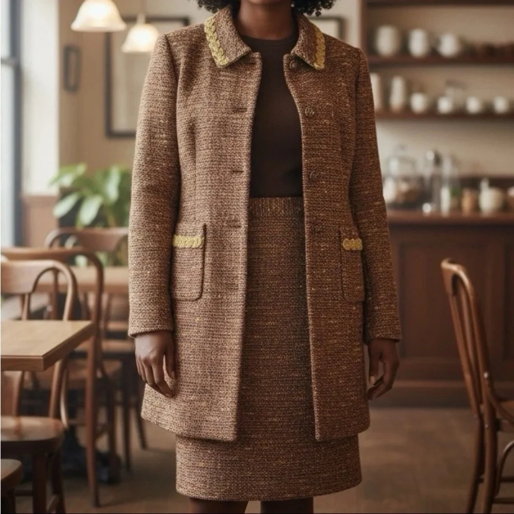 St John Couture Knit Suit Sz 14/16 Jacket Blazer Shimmer Gold Trim Luxury READ - Picture 16 of 16